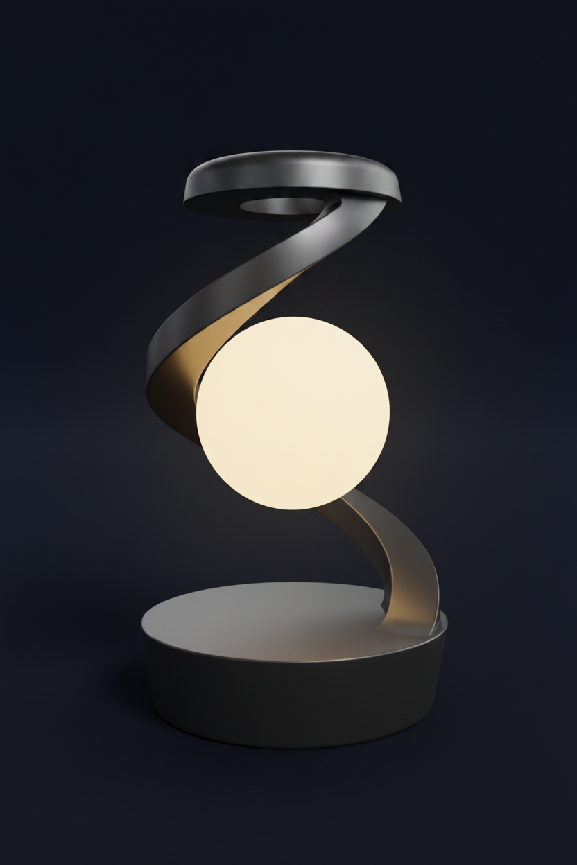 Floating Moon Lamp with spiral metallic base glowing against a dark background