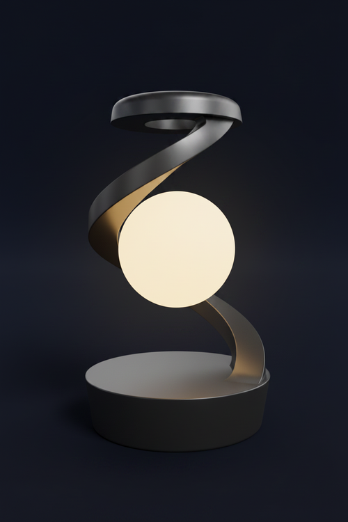 Floating Moon Lamp with spiral metallic base glowing against a dark background